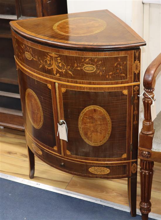 A late 19th century marquetry inlaid corner washstand W.58cm